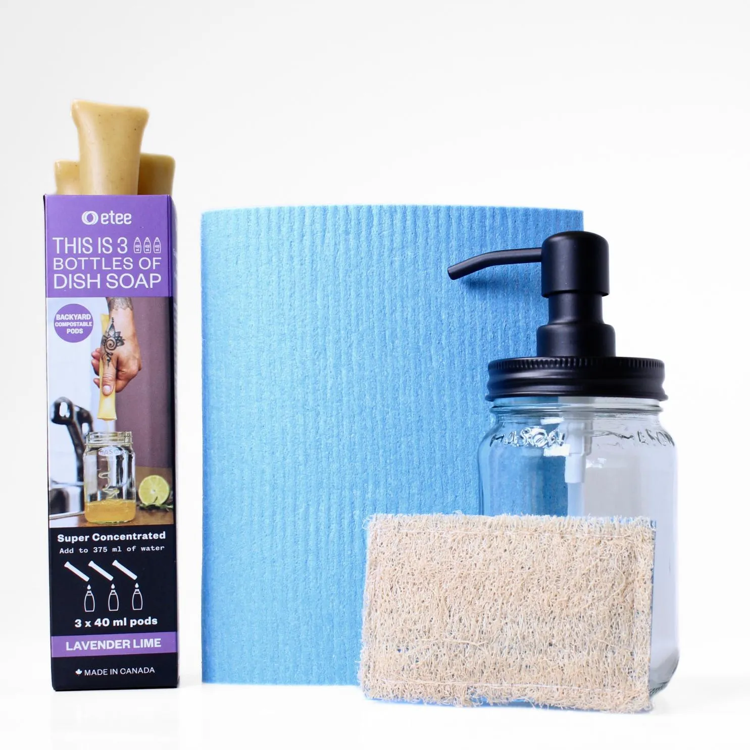 Lavender Lime Dishwashing Kit - Lavender Lime Dish Soap, Cellulose Cloth, Loofie Scrubber & Glass Dispenser