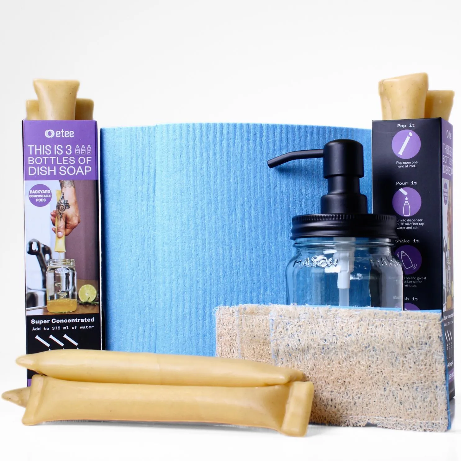 Lavender Lime Dishwashing Kit - Lavender Lime Dish Soap, Cellulose Cloth, Loofie Scrubber & Glass Dispenser
