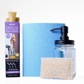 Lavender Lime Dishwashing Kit - Lavender Lime Dish Soap, Cellulose Cloth, Loofie Scrubber & Glass Dispenser