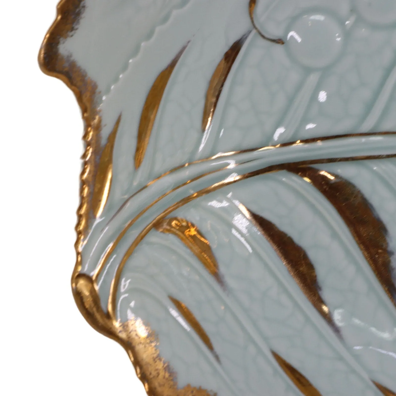 Leaf Bowl  Mint Green Gold Trim Hand Painted in Japan 9" OD MCM Pottery