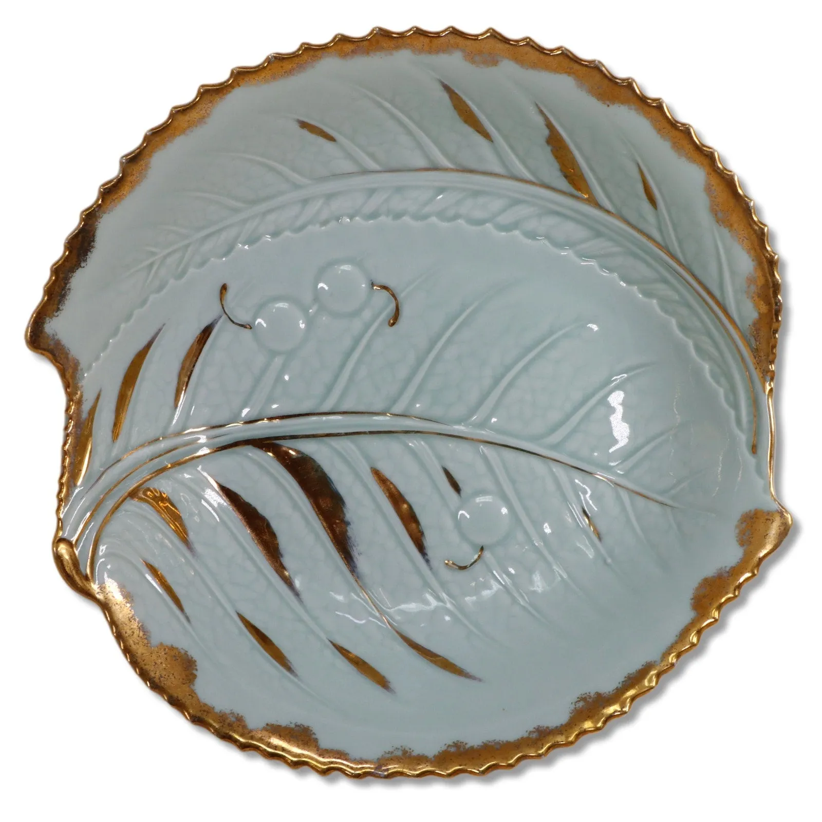 Leaf Bowl  Mint Green Gold Trim Hand Painted in Japan 9" OD MCM Pottery