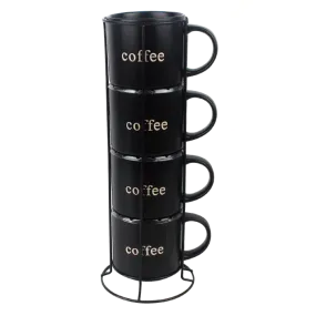 Marcelle 4 Piece Matt Black Stackable Mug Set with Strong Black Stand, 14 oz