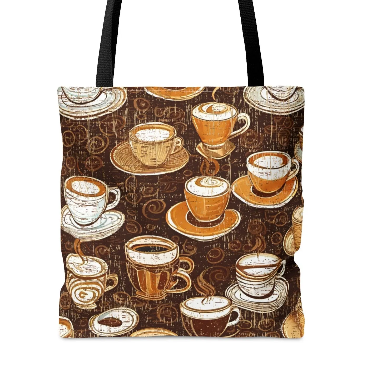 Medium Tote Bag with Coffee Cups on Dark Coffee Print