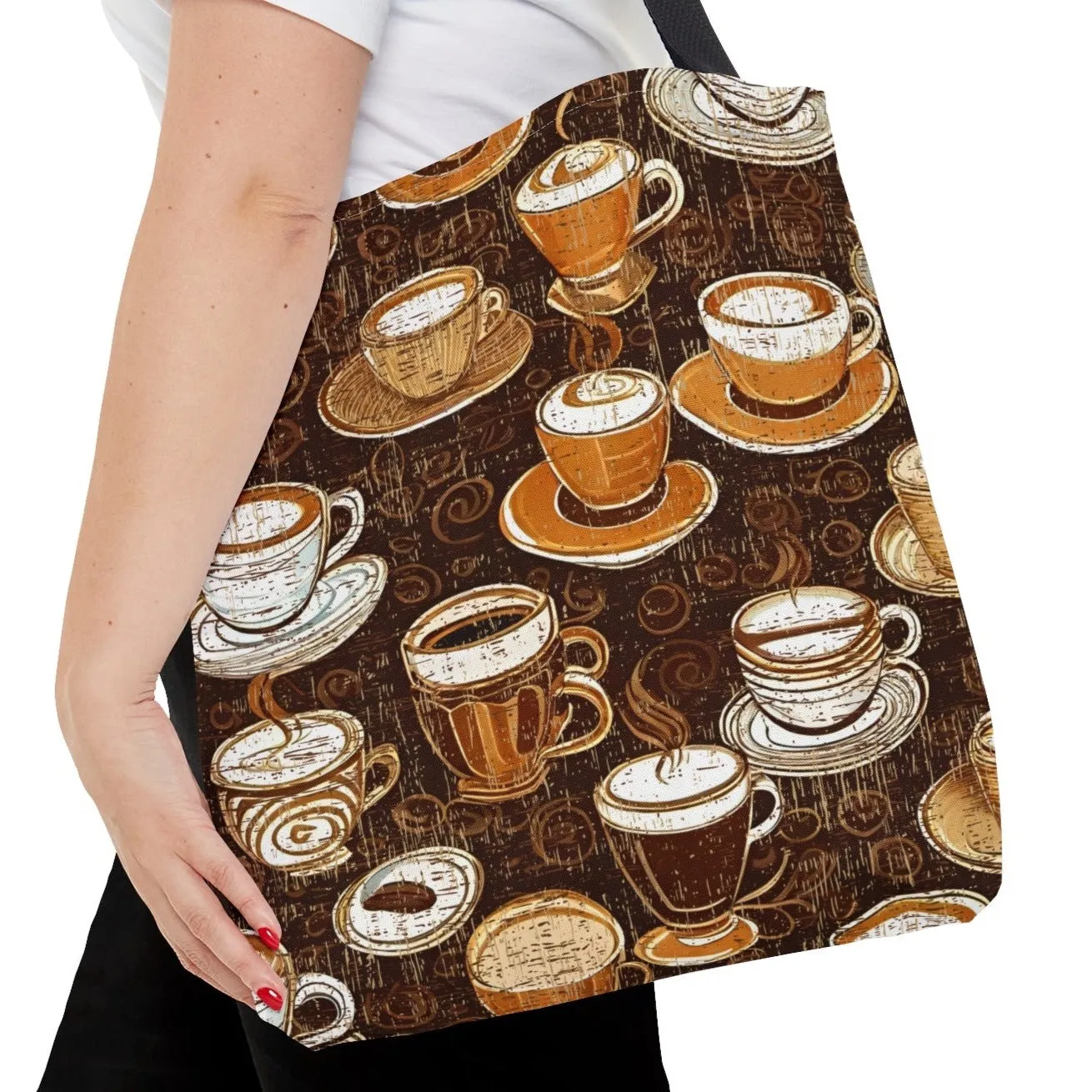 Medium Tote Bag with Coffee Cups on Dark Coffee Print