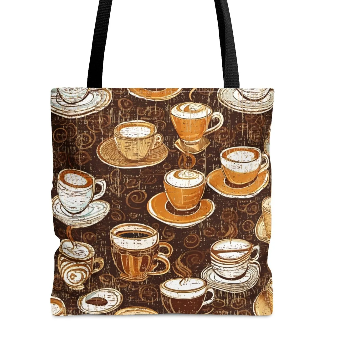 Medium Tote Bag with Coffee Cups on Dark Coffee Print