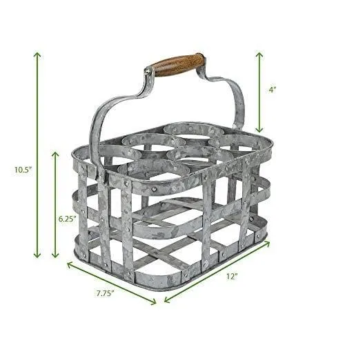 Mind Reader 6WBH-SIL Rustic Farmhouse Carrier, Vintage 6 Beer Case, Wine, Galvanized Metal Rack Basket Caddy, Silver, 6 Bottle Holder
