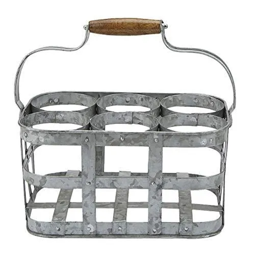 Mind Reader 6WBH-SIL Rustic Farmhouse Carrier, Vintage 6 Beer Case, Wine, Galvanized Metal Rack Basket Caddy, Silver, 6 Bottle Holder
