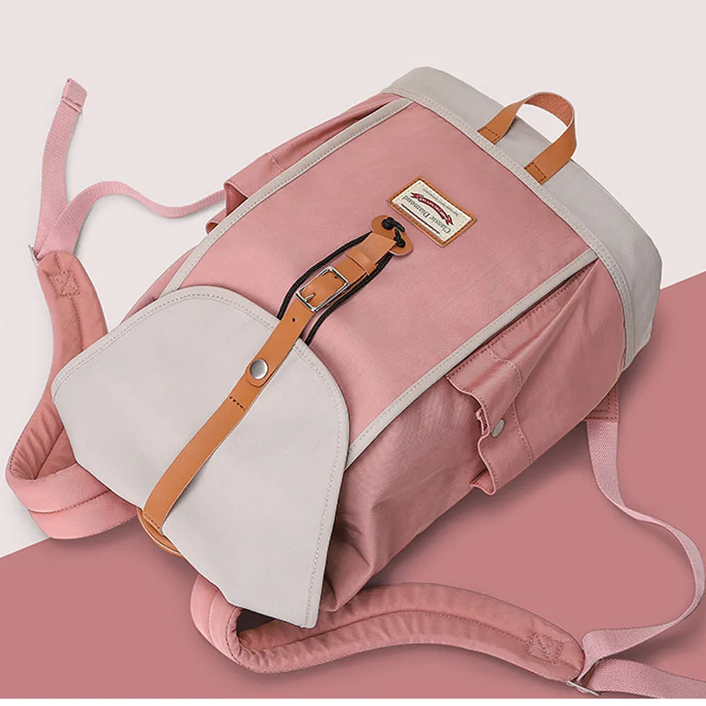 Pink Flap Backpack for Girls Drawstring School Large Capacity Daypack