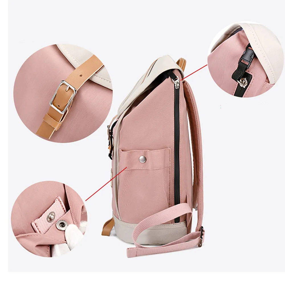 Pink Flap Backpack for Girls Drawstring School Large Capacity Daypack