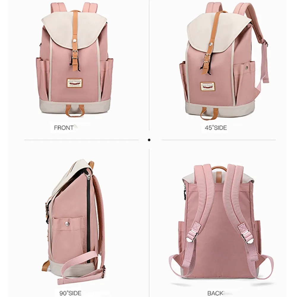 Pink Flap Backpack for Girls Drawstring School Large Capacity Daypack