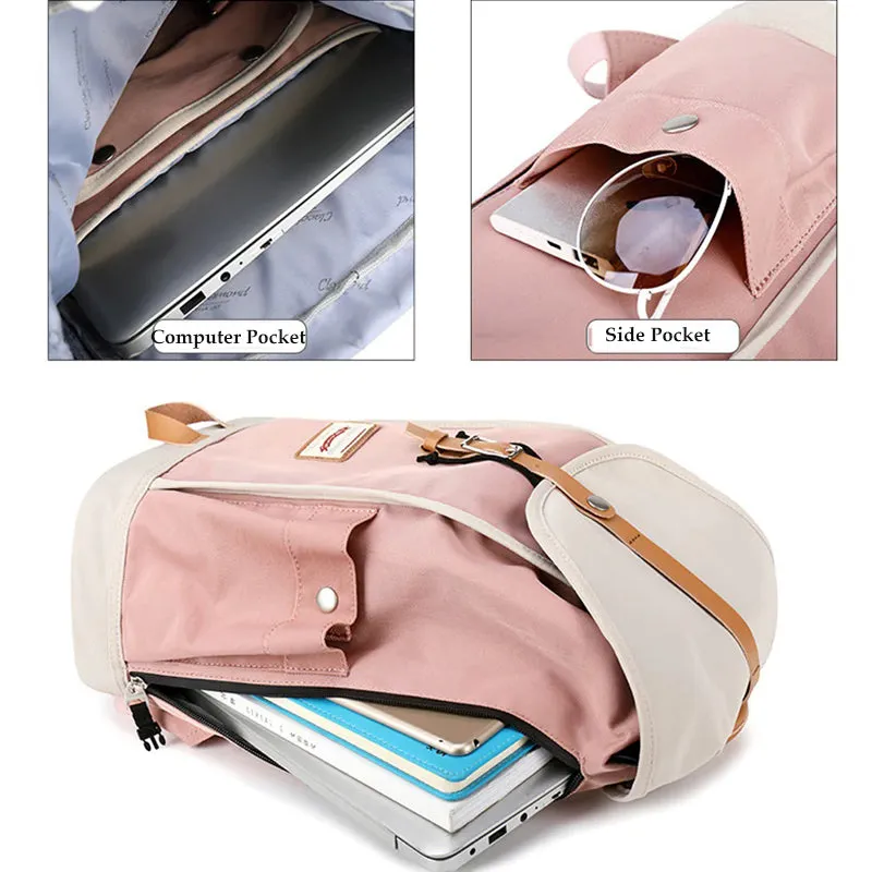 Pink Flap Backpack for Girls Drawstring School Large Capacity Daypack