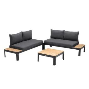Portals Outdoor Three-Piece Sofa Set in Black Finish with Natural Teak Wood Top Accent