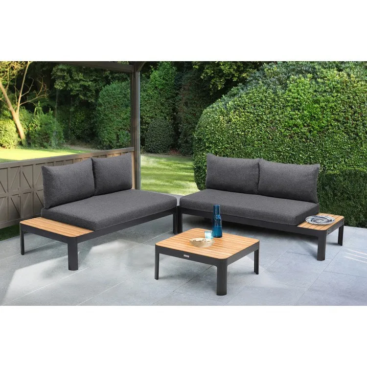 Portals Outdoor Three-Piece Sofa Set in Black Finish with Natural Teak Wood Top Accent