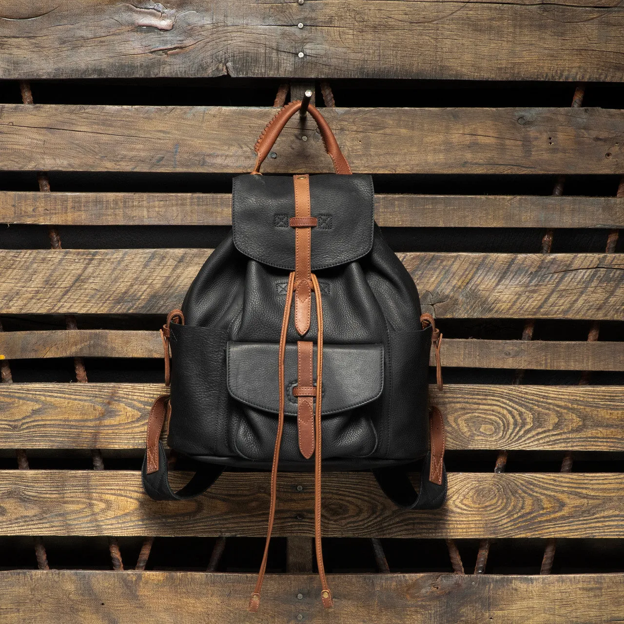 Rainier Leather Backpack in Black/Cognac by Will Leather Goods