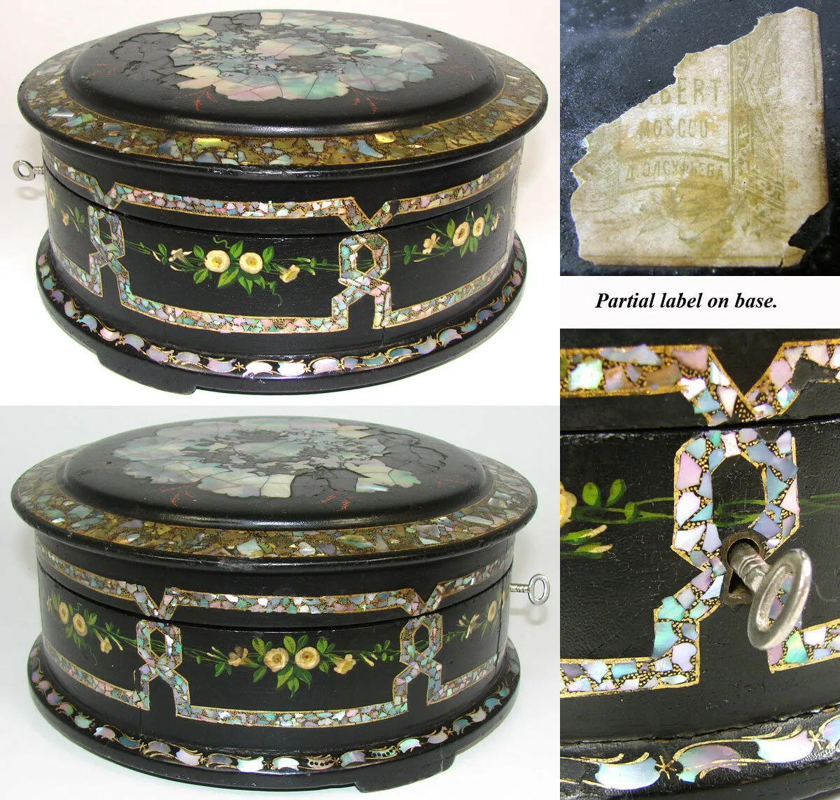 RARE Antique Russian Marked Papier Mache 8" Round Box, Casket, Painted, MO Pearl