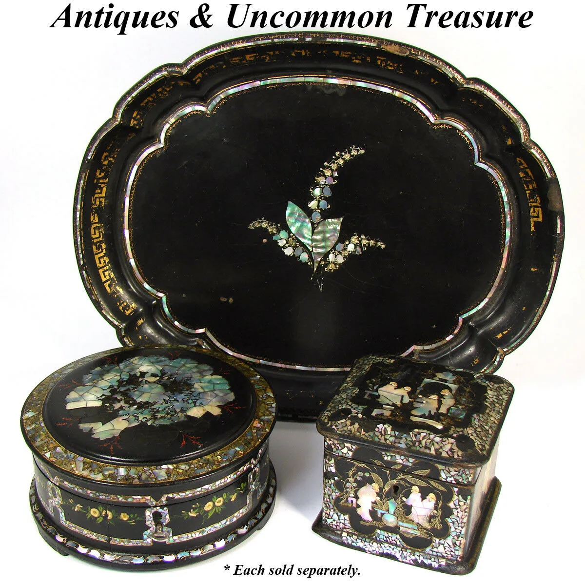 RARE Antique Russian Marked Papier Mache 8" Round Box, Casket, Painted, MO Pearl