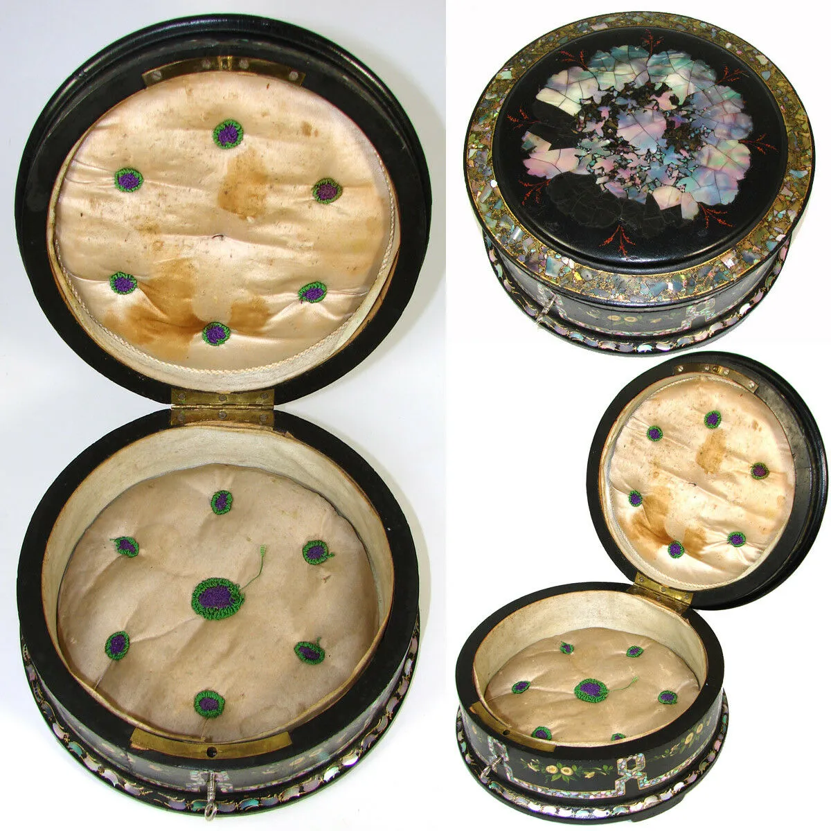 RARE Antique Russian Marked Papier Mache 8" Round Box, Casket, Painted, MO Pearl