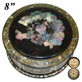 RARE Antique Russian Marked Papier Mache 8" Round Box, Casket, Painted, MO Pearl