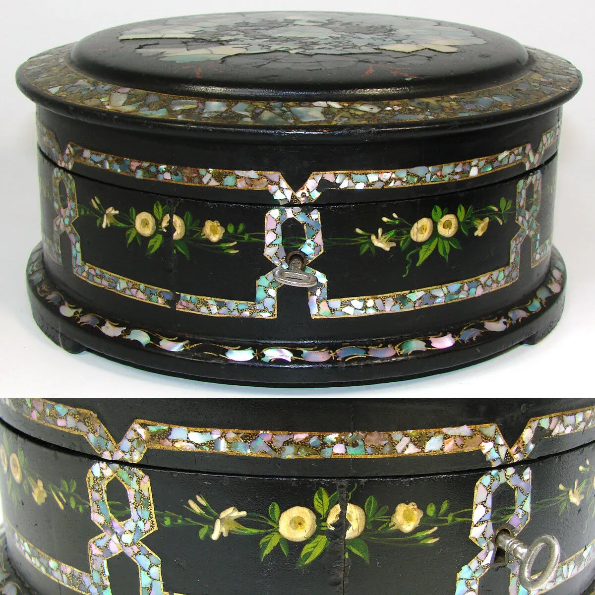 RARE Antique Russian Marked Papier Mache 8" Round Box, Casket, Painted, MO Pearl