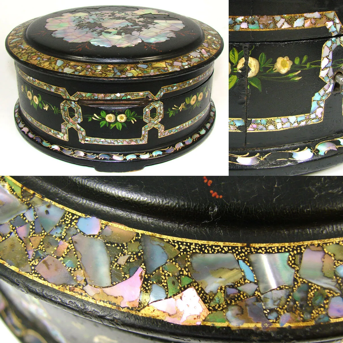 RARE Antique Russian Marked Papier Mache 8" Round Box, Casket, Painted, MO Pearl