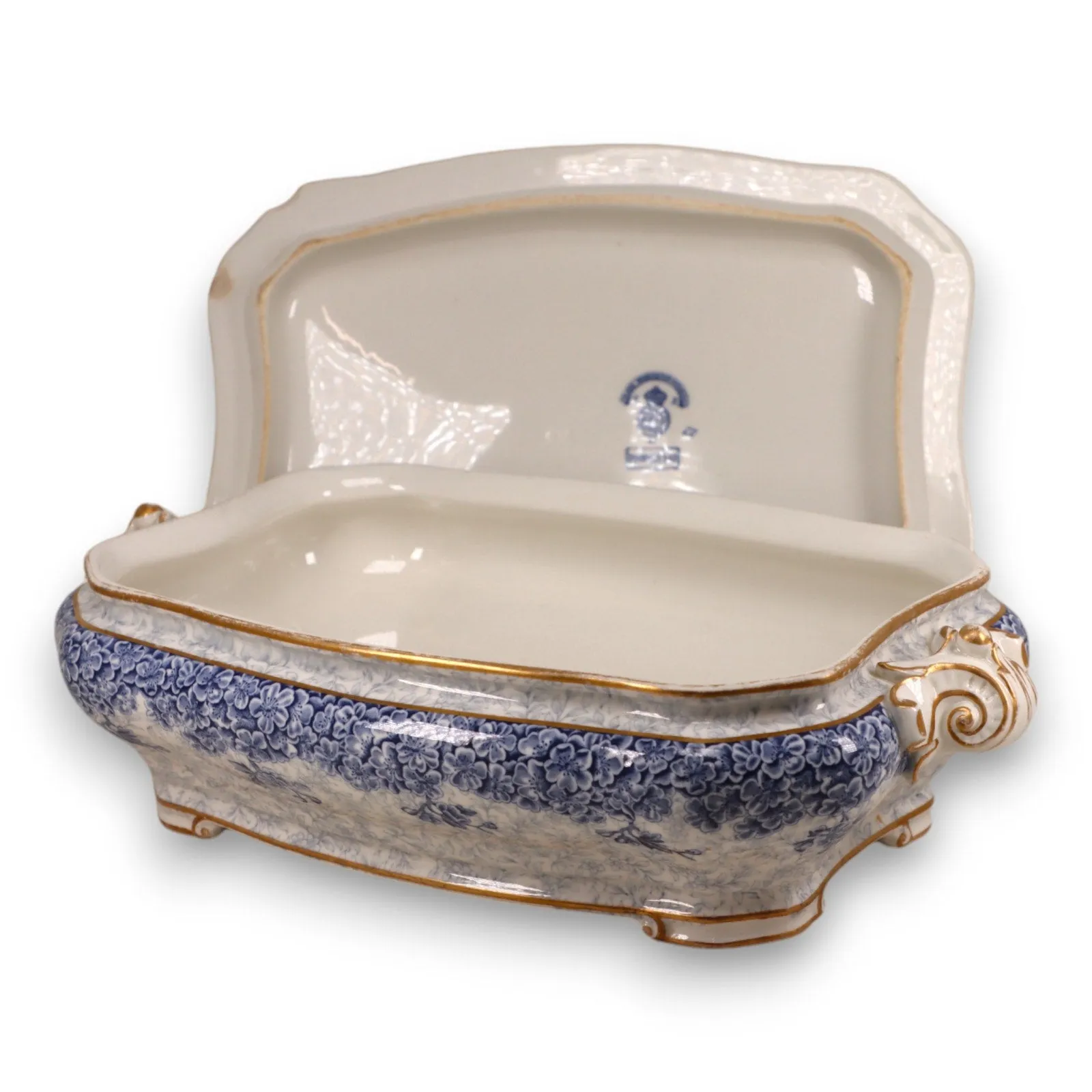 Royal Worcester W2297 68547 Oval Covered Serving Dish Blue Floral Gold Trim 1890