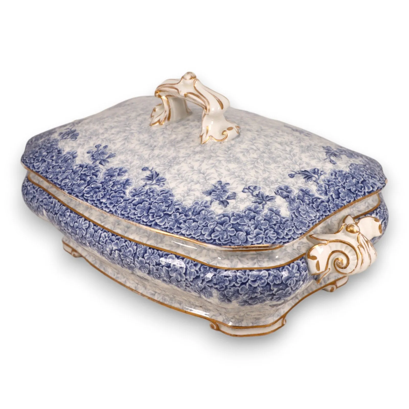 Royal Worcester W2297 68547 Oval Covered Serving Dish Blue Floral Gold Trim 1890
