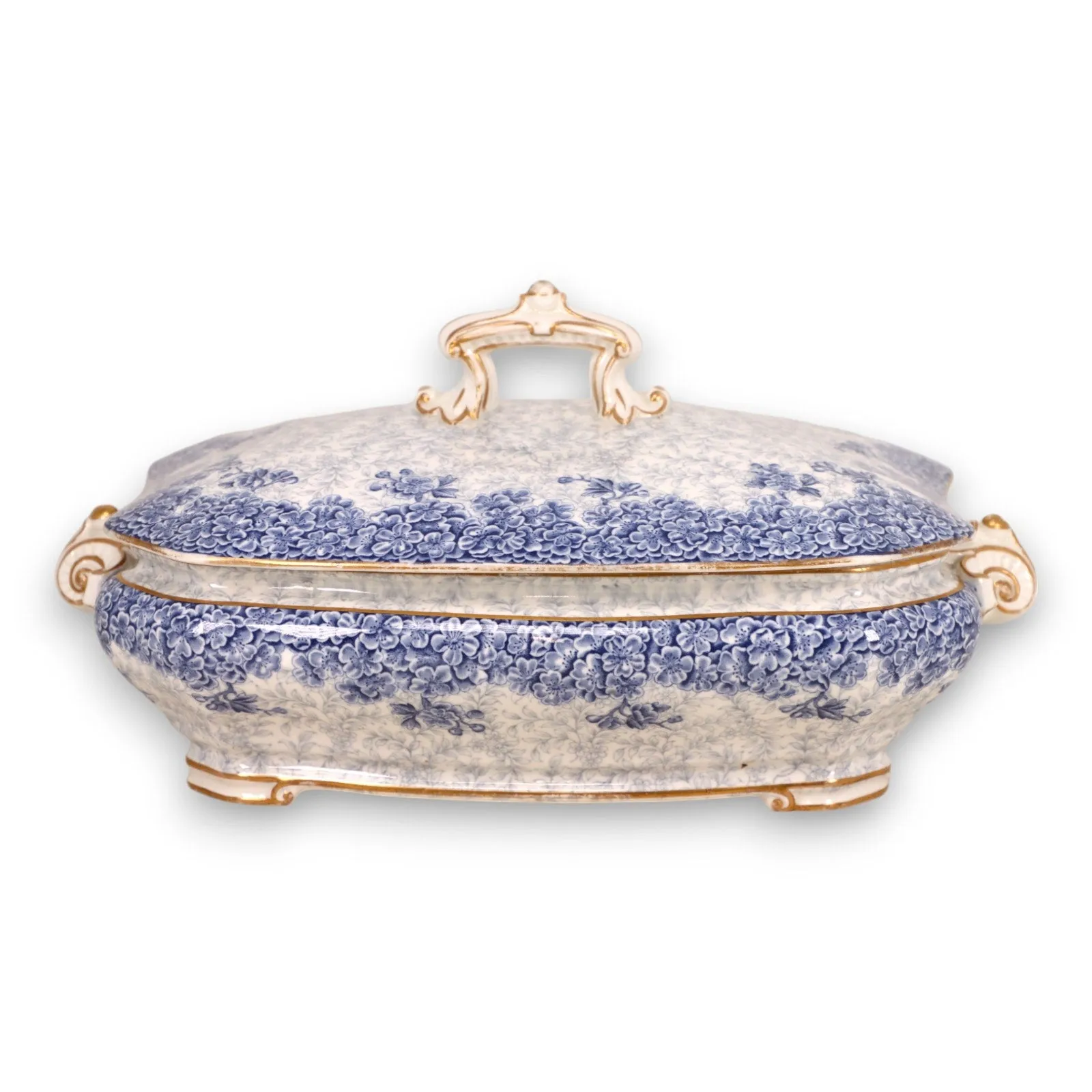 Royal Worcester W2297 68547 Oval Covered Serving Dish Blue Floral Gold Trim 1890