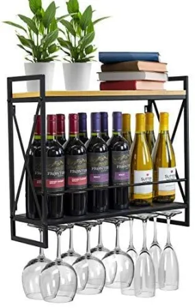 Sorbus Wine Bottle Stemware Glass Rack, Industrial 2-Tier Wood Shelf, Wall Mounted Wine Racks with 5 Stem Glass Holders for Wine Glasses, Flutes, Mugs, Home Décor, Metal
