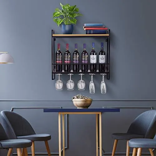 Sorbus Wine Bottle Stemware Glass Rack, Industrial 2-Tier Wood Shelf, Wall Mounted Wine Racks with 5 Stem Glass Holders for Wine Glasses, Flutes, Mugs, Home Décor, Metal