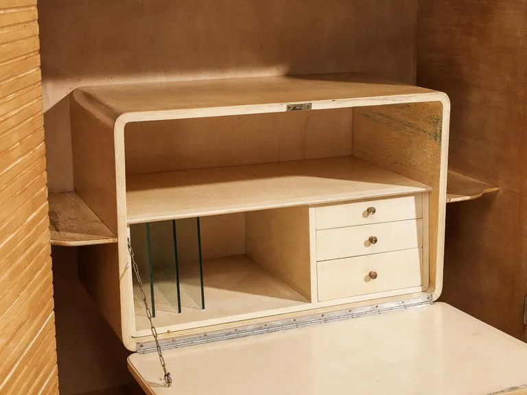 Unique Italian Large Wall Unit with Writing Desk in Maple and Birch