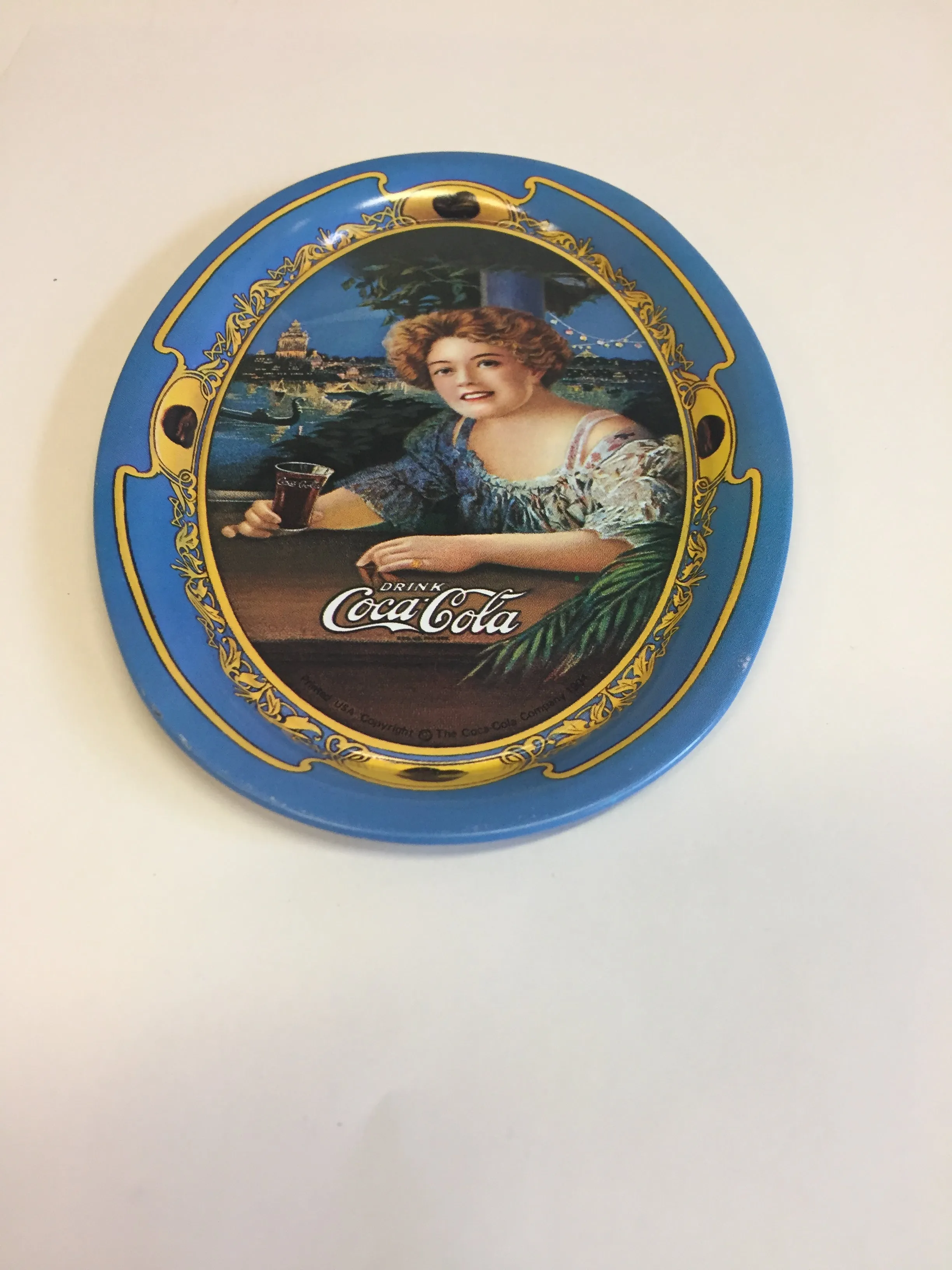 Vintage 1990's Antique Style Mini Tin Coca Cola Oval Trays Blue Repop