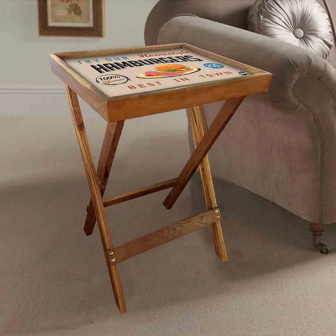 Wooden Folding TV Trays Table Bar Snacks Serving Tables - Hamburgers