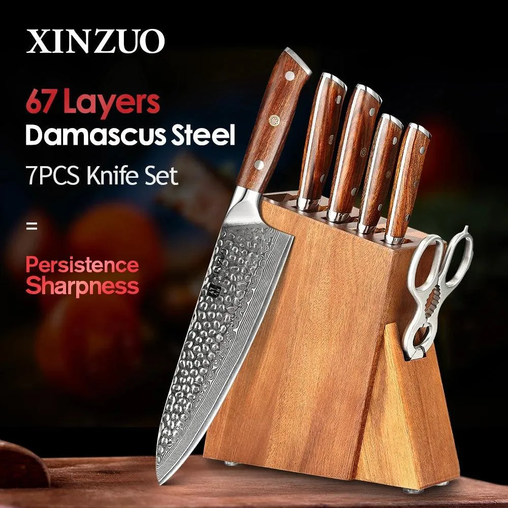Xinzuo B13D 7 Pcs 67 Layer Damascus Knife Set with Block & Kitchen Shears