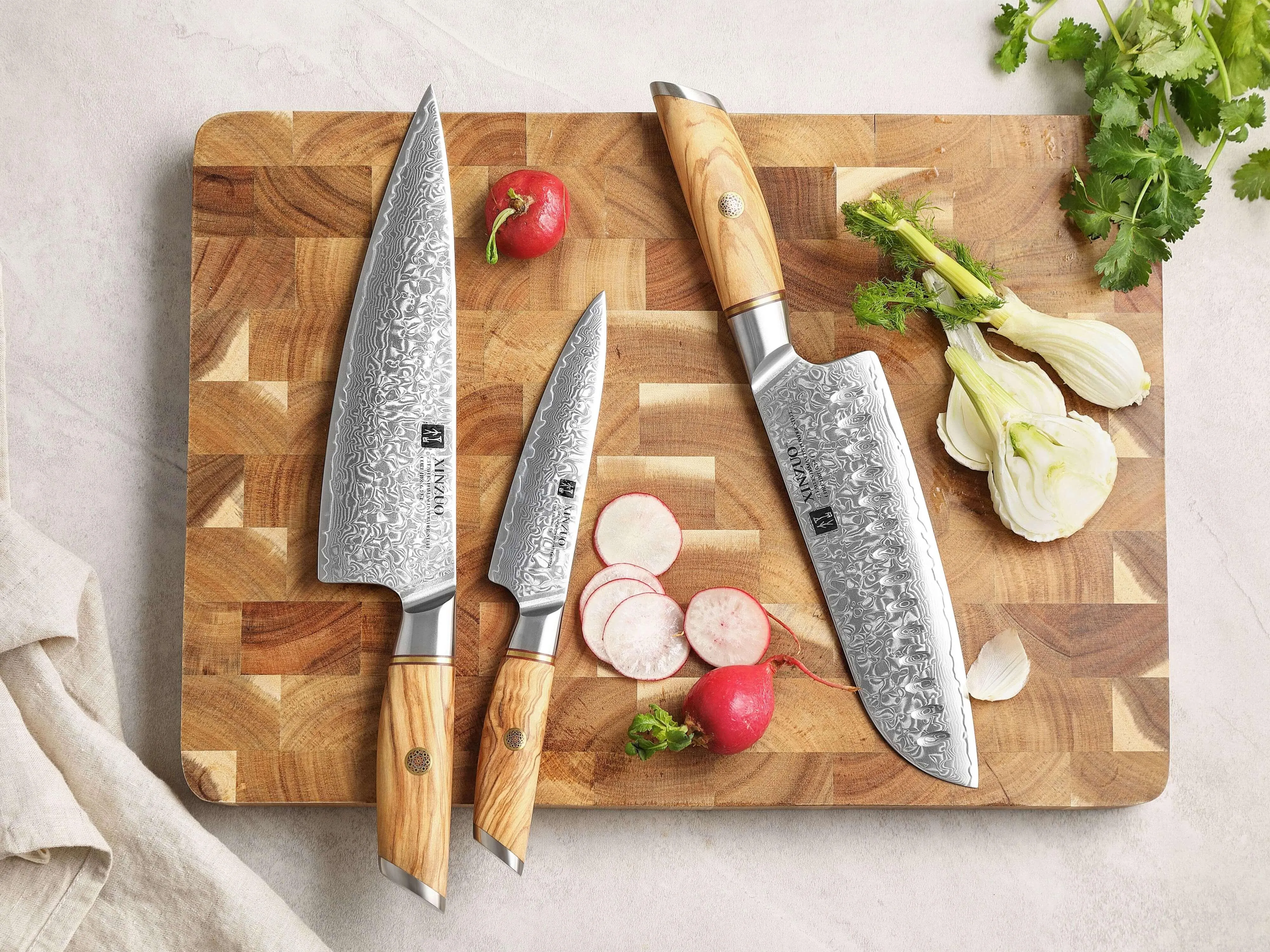 XINZUO B37 3 Pcs Knife Set with Olive Wood   Copper Flower Nails Damascus Steel 62-64 HRC