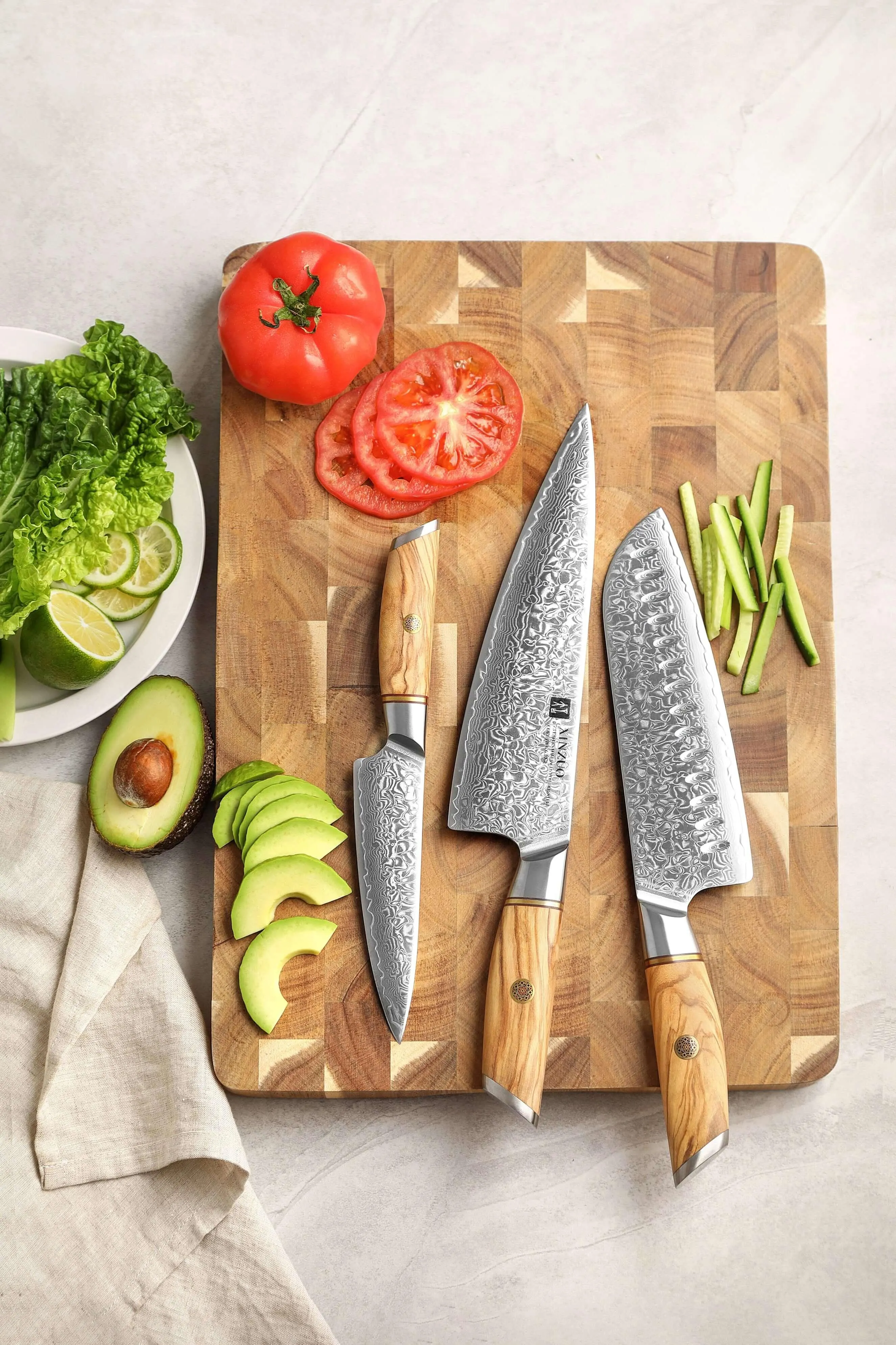 XINZUO B37 3 Pcs Knife Set with Olive Wood   Copper Flower Nails Damascus Steel 62-64 HRC
