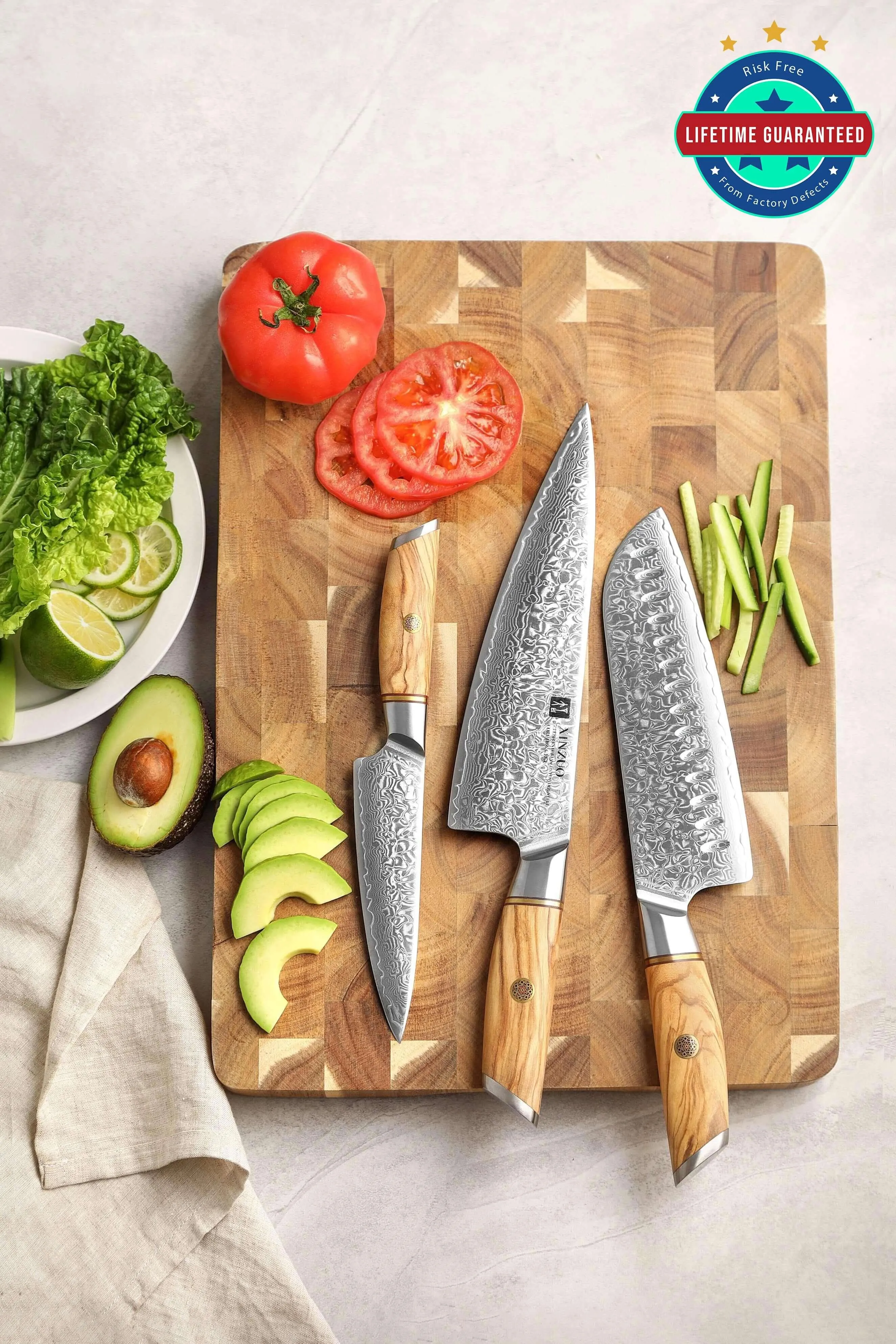 XINZUO B37 3 Pcs Knife Set with Olive Wood   Copper Flower Nails Damascus Steel 62-64 HRC