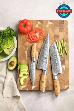 XINZUO B37 3 Pcs Knife Set with Olive Wood   Copper Flower Nails Damascus Steel 62-64 HRC