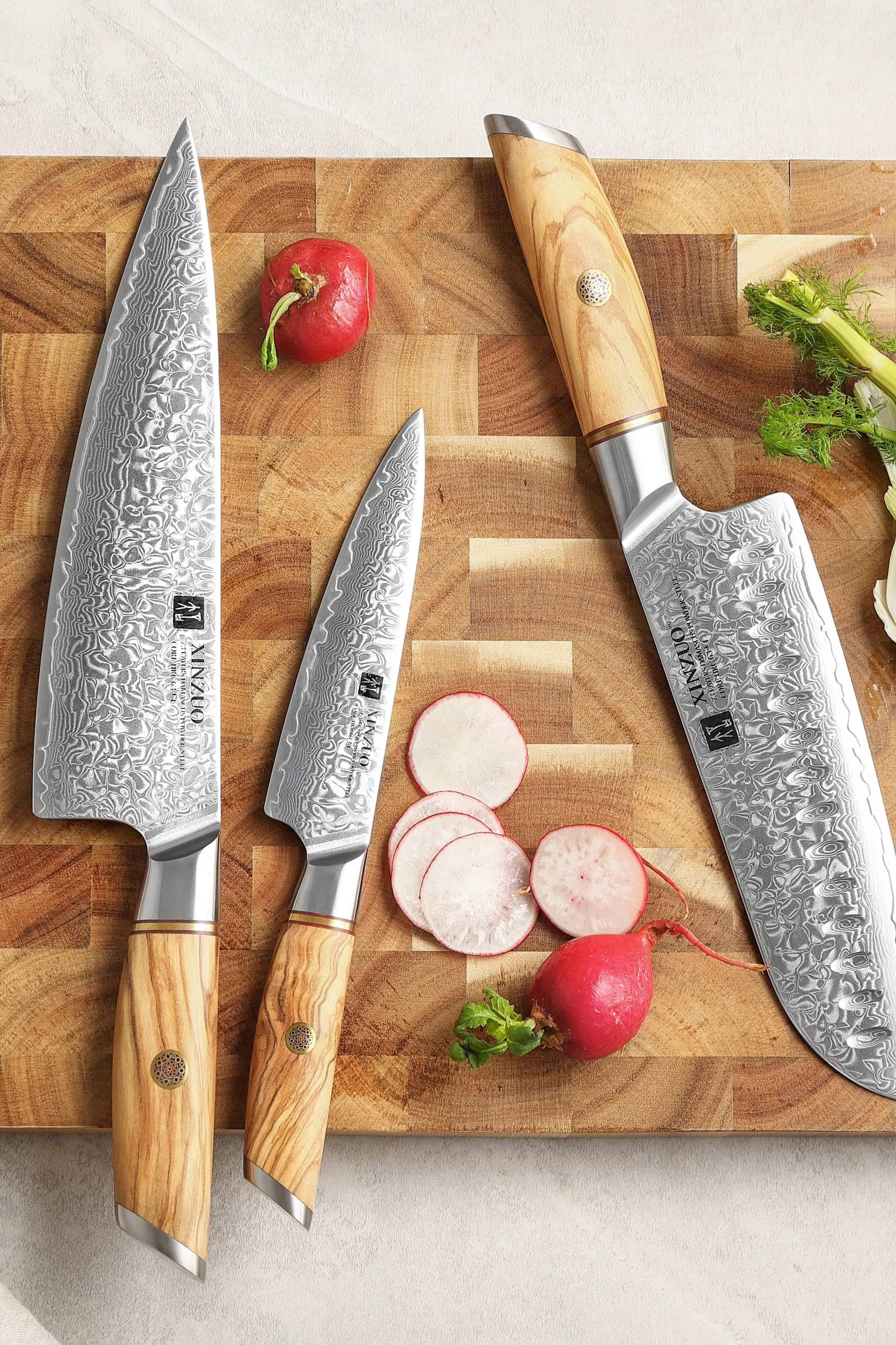 XINZUO B37 3 Pcs Knife Set with Olive Wood   Copper Flower Nails Damascus Steel 62-64 HRC