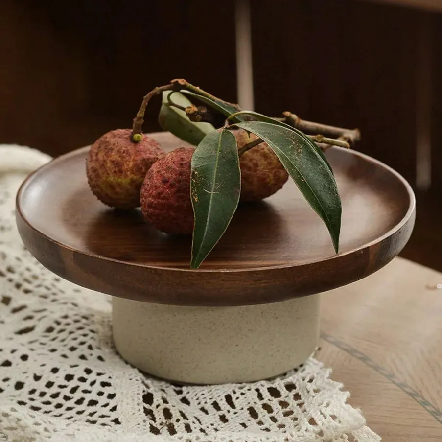 Yeknu Japanese Cake Fruit Tray Wood Egg Tray Dessert Storages Shelf Ceramic Tall Footed Snack Decorative Tray Kitchen Accessories